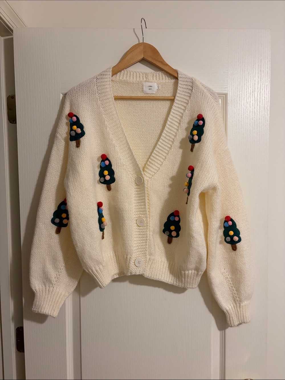 Cream Pom Tree Embellished V-Neck Cardigan